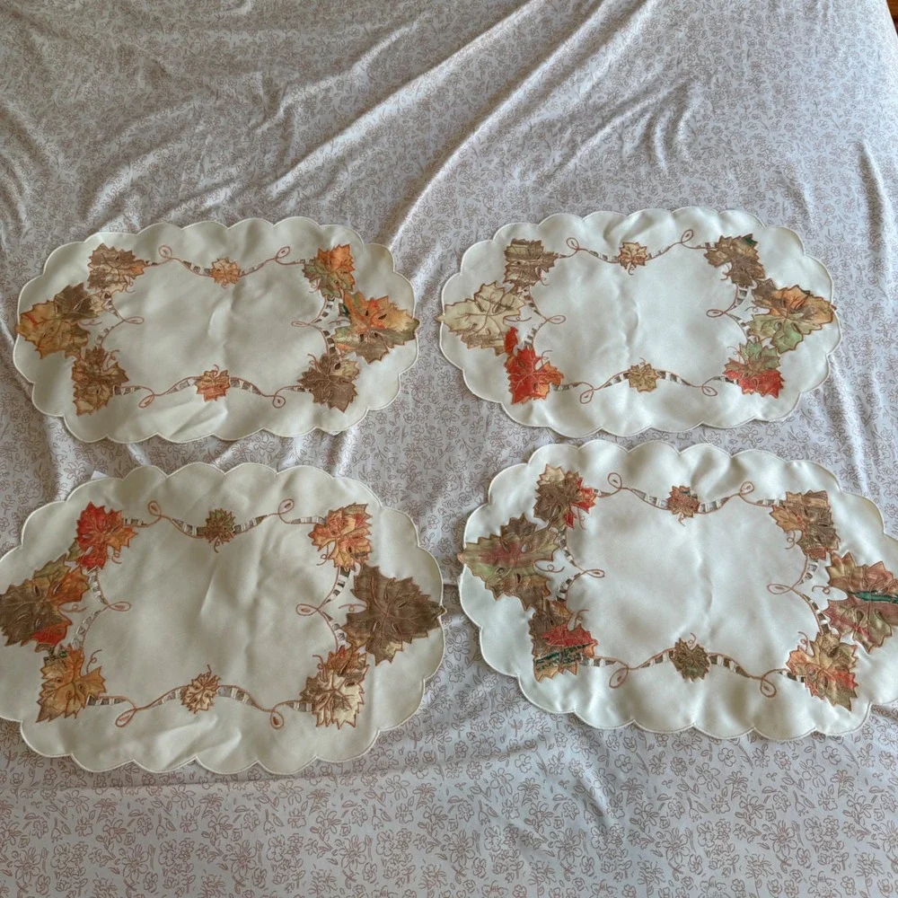 Fall Autumn Maple Leaf Table Runner and 8 Placemats Set Embroidered Cutout Cream